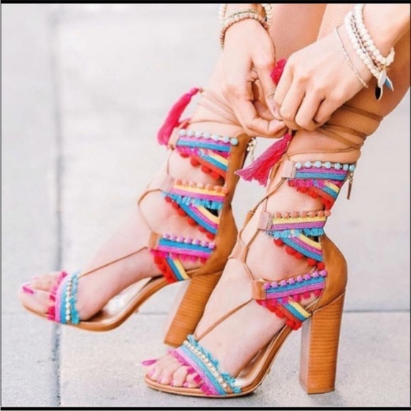 Schutz X Revolve CALLA Lace-Up Multi-Color Tassel Bamboo Brown Block Heel Size 8 - Picture 15 of 16